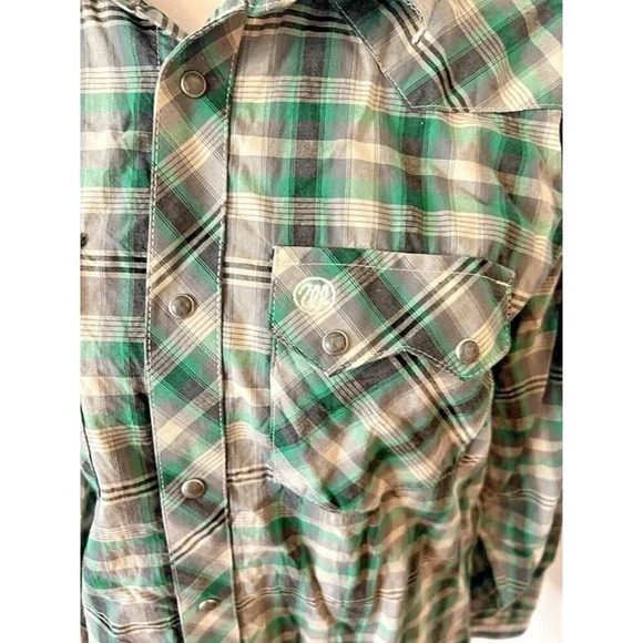 XXL Men's Green Plaid Wrangler Retro Western Cowboy Collared Pearl Button Shirt - Picture 2 of 8